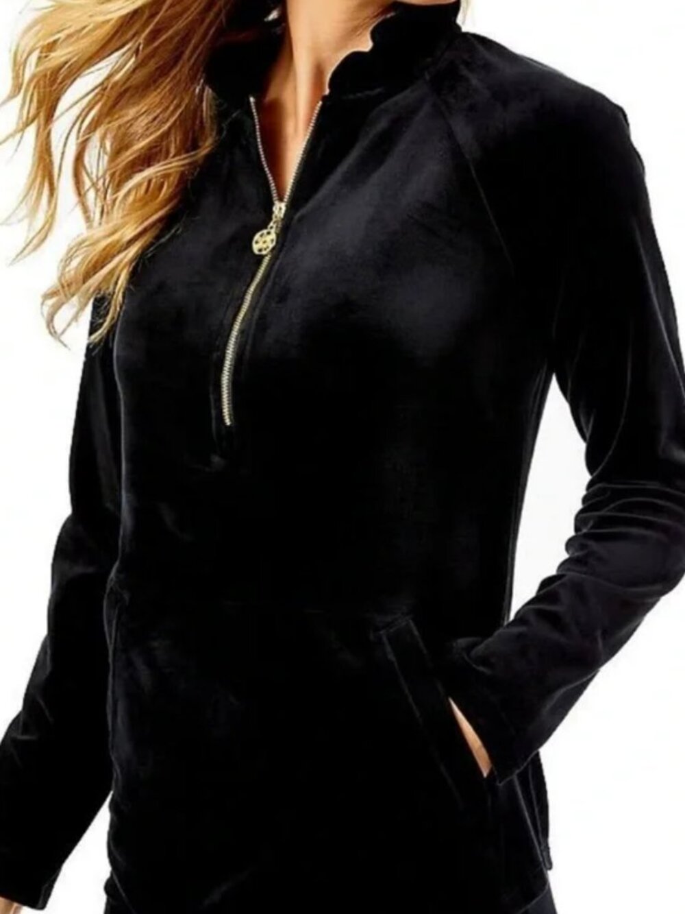 Lily Pulitzer Ruffle Collar Black Velvet Half Zip Popover, Size M